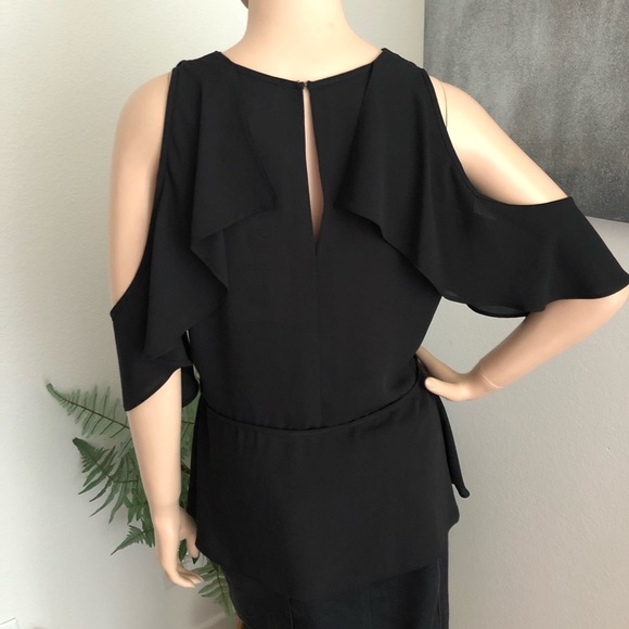 Joseph Ribkoff Black Ruffled Cold Shoulder Top - Picture 3 of 10